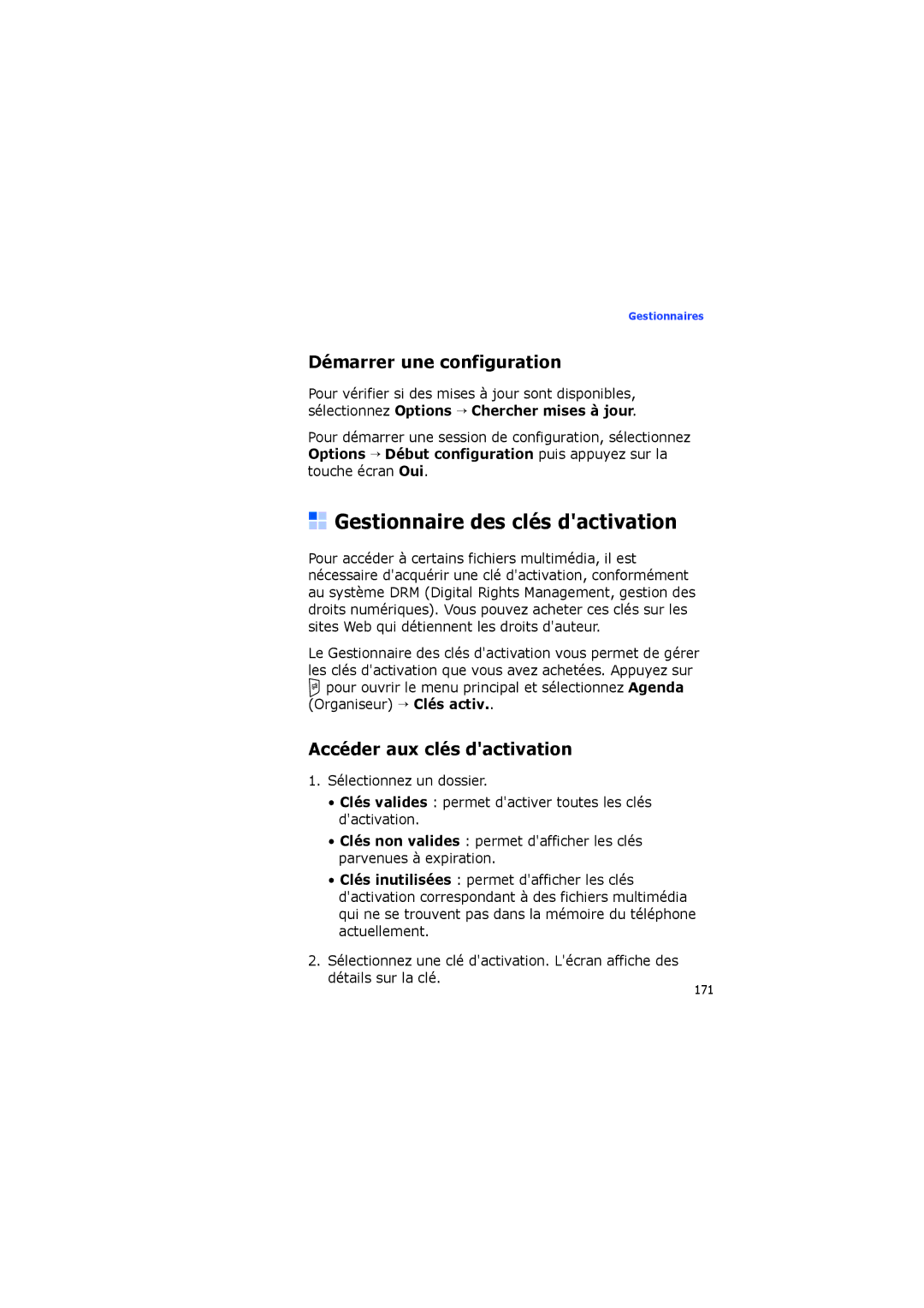 Samsung SGH-I560ZKVSFR manual Gestionnaire des clés dactivation, Démarrer une configuration, Accéder aux clés dactivation 