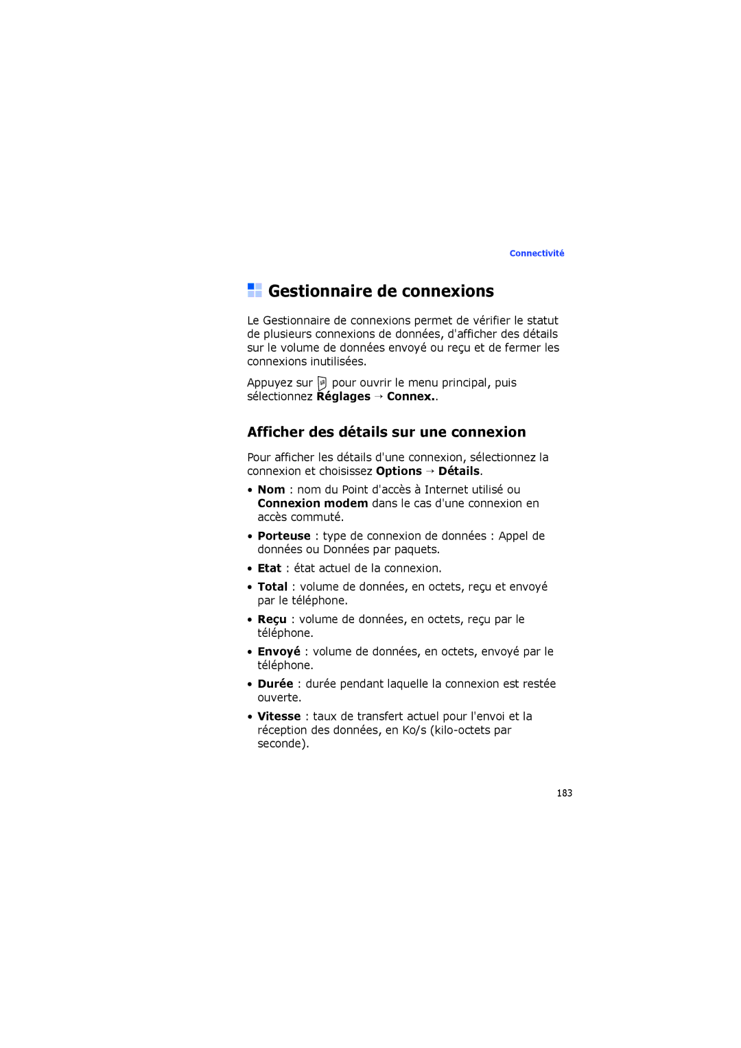 Samsung SGH-I560ZKVSFR manual Gestionnaire de connexions, Afficher des détails sur une connexion 