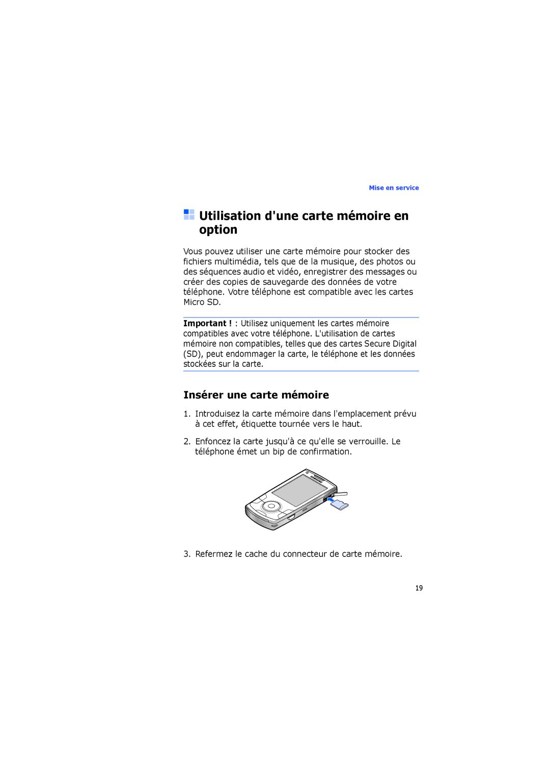 Samsung SGH-I560ZKVSFR manual Utilisation dune carte mémoire en option, Insérer une carte mémoire 