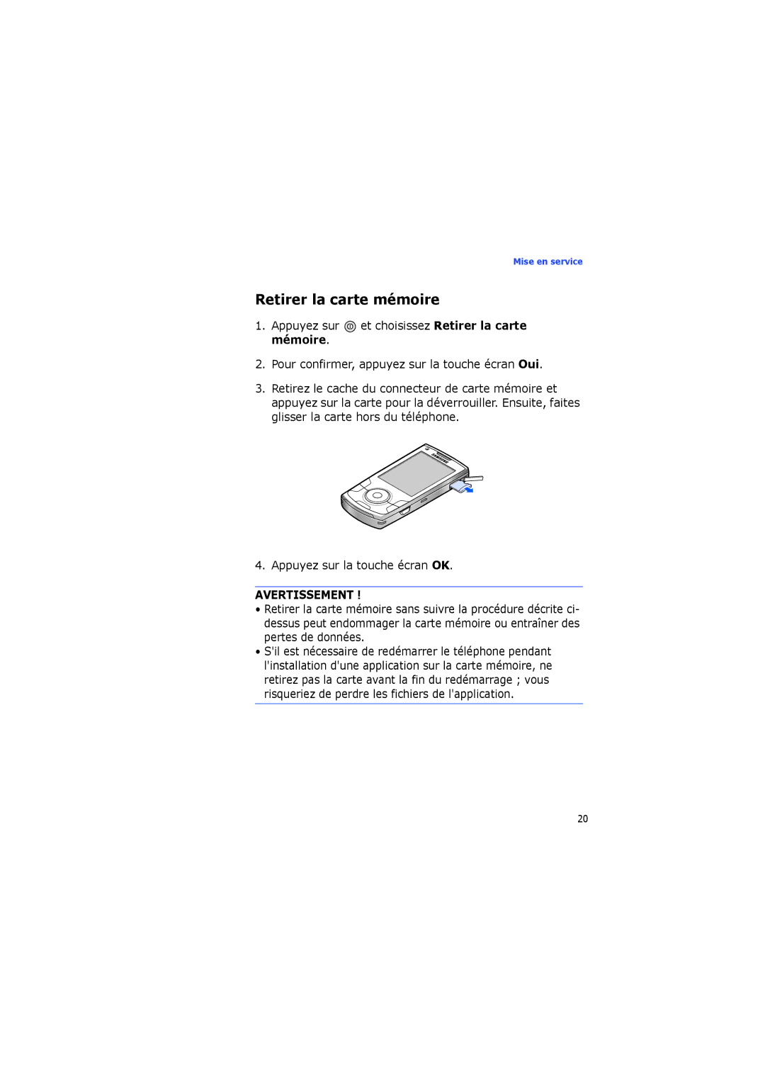 Samsung SGH-I560ZKVSFR manual Retirer la carte mémoire, Avertissement 