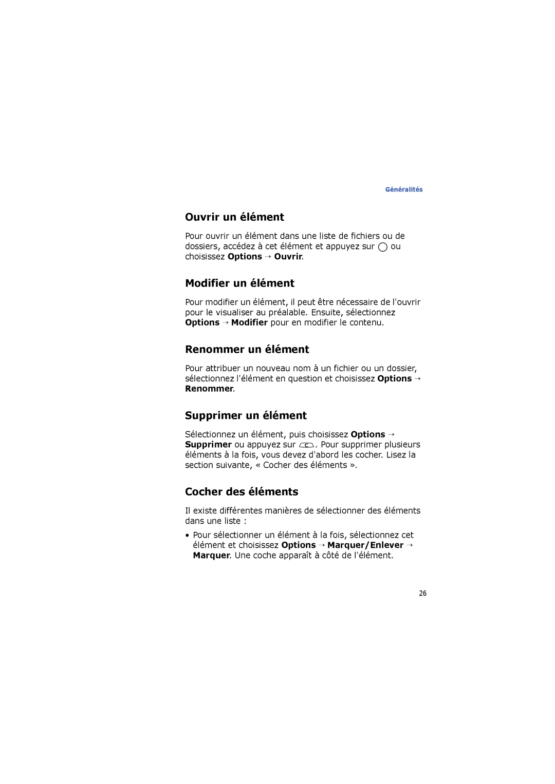 Samsung SGH-I560ZKVSFR manual Ouvrir un élément, Modifier un élément, Renommer un élément, Supprimer un élément 