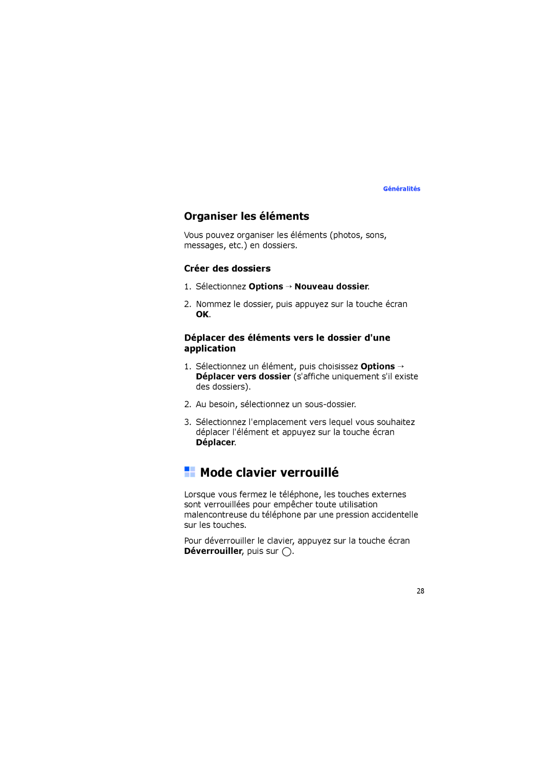 Samsung SGH-I560ZKVSFR manual Mode clavier verrouillé, Organiser les éléments, Créer des dossiers 
