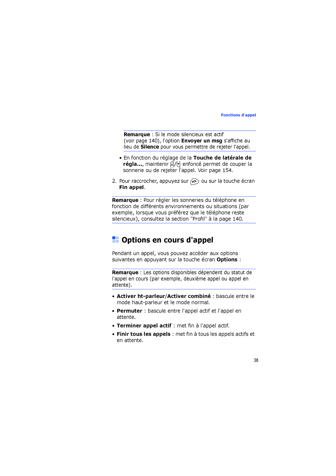 Samsung SGH-I560ZKVSFR manual Options en cours dappel, Remarque Si le mode silencieux est actif 