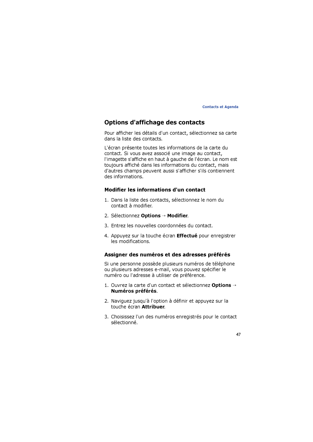 Samsung SGH-I560ZKVSFR manual Options daffichage des contacts, Modifier les informations dun contact 