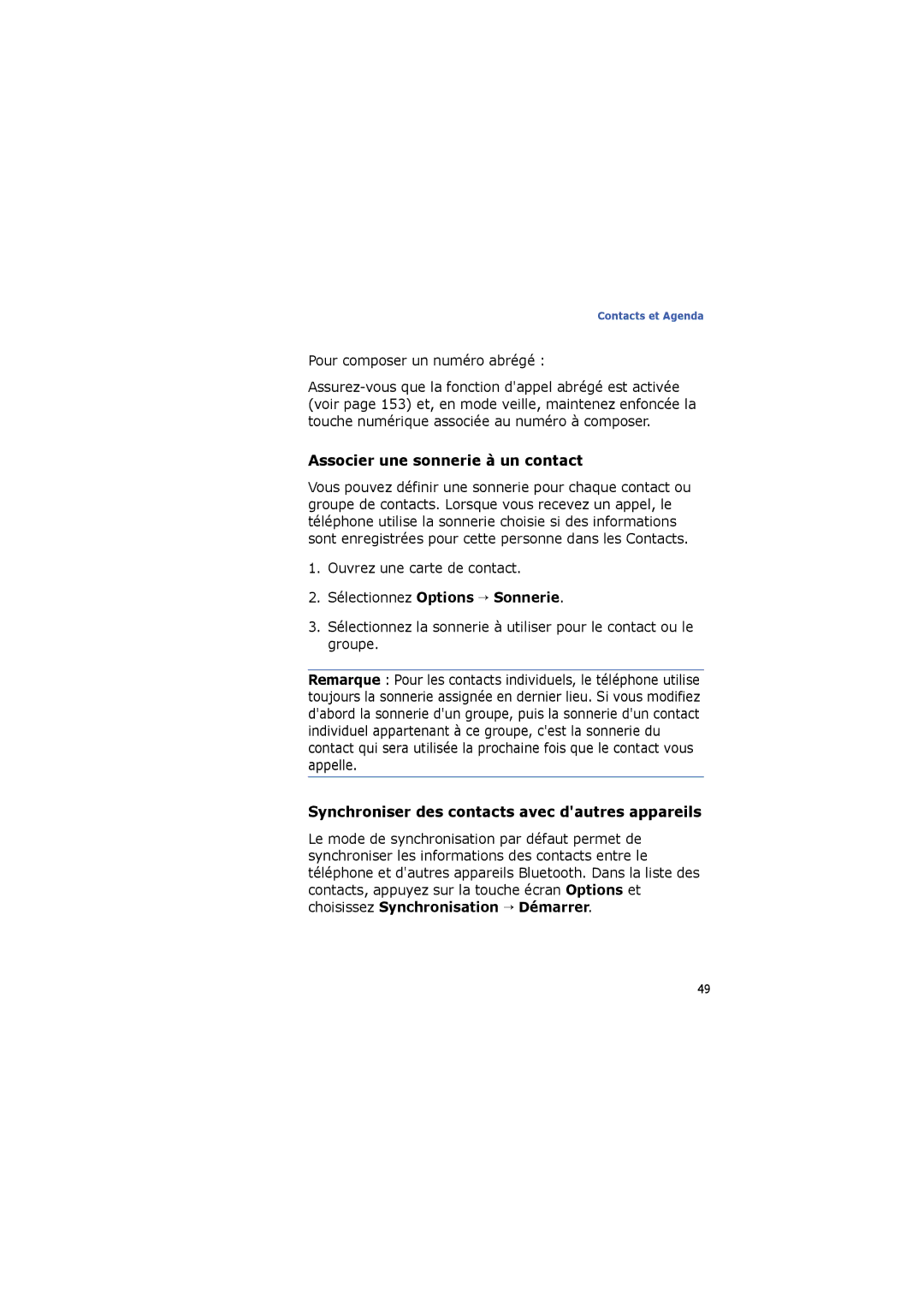 Samsung SGH-I560ZKVSFR manual Associer une sonnerie à un contact, Synchroniser des contacts avec dautres appareils 