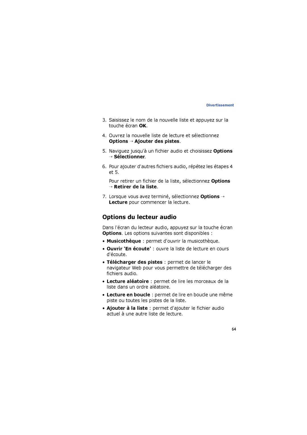 Samsung SGH-I560ZKVSFR manual Options du lecteur audio, → Sélectionner, → Retirer de la liste 