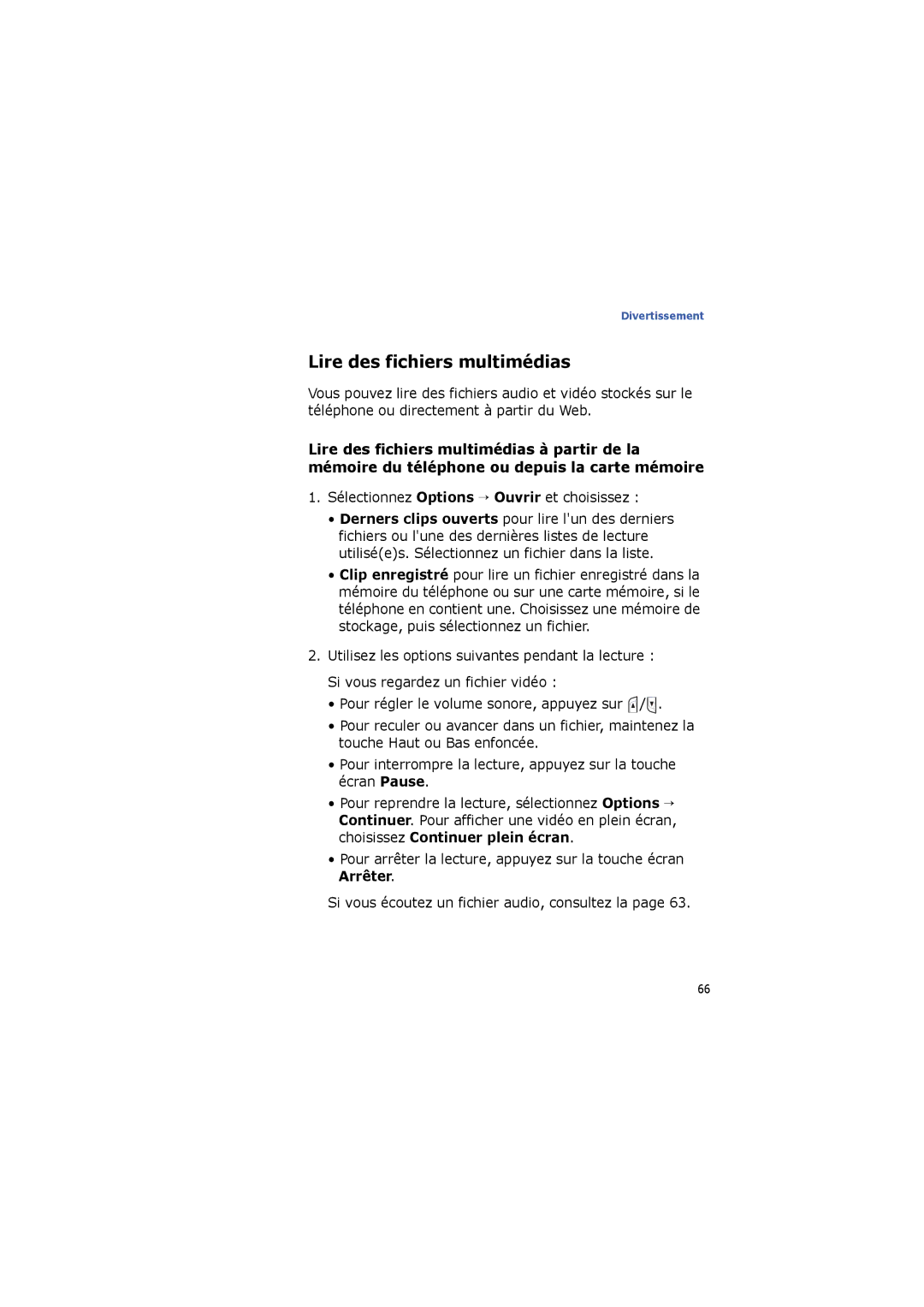 Samsung SGH-I560ZKVSFR manual Lire des fichiers multimédias, Sélectionnez Options → Ouvrir et choisissez 