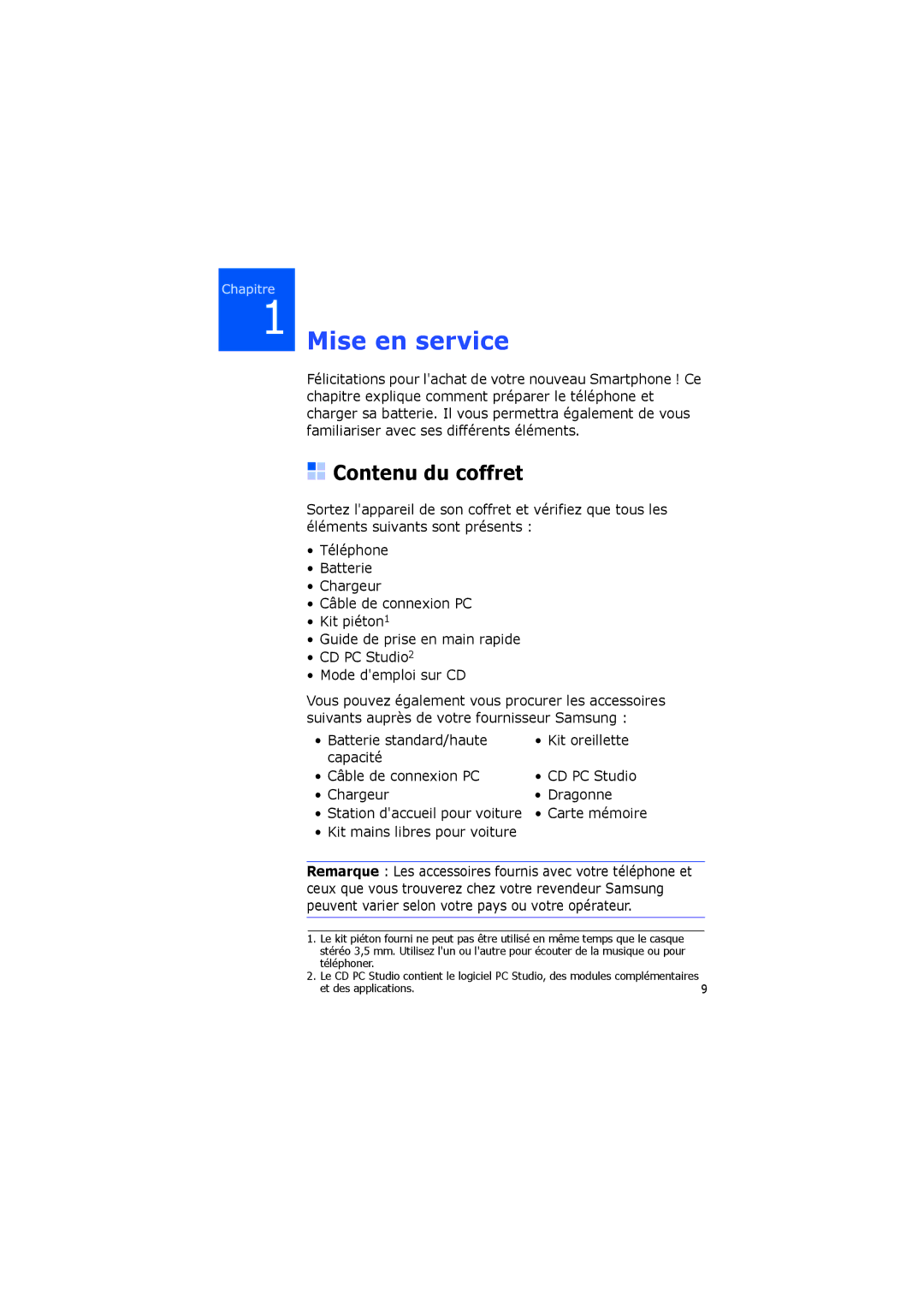 Samsung SGH-I560ZKVSFR manual Mise en service, Contenu du coffret 