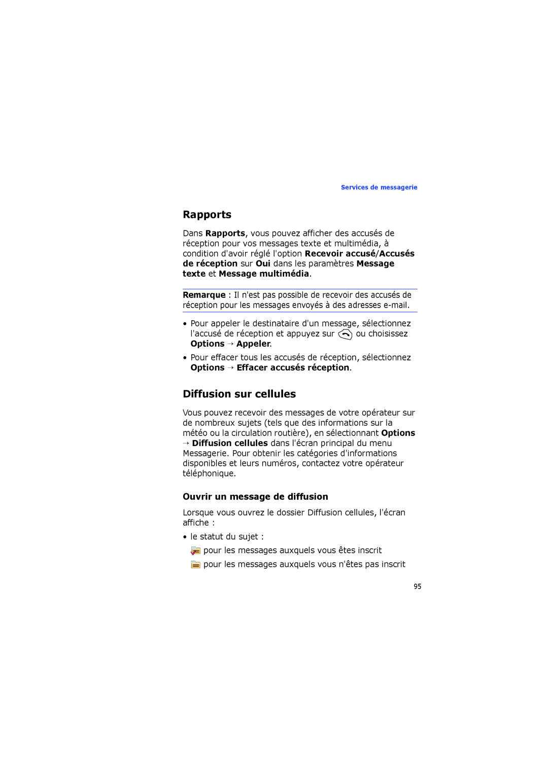 Samsung SGH-I560ZKVSFR manual Rapports, Diffusion sur cellules, Ouvrir un message de diffusion 