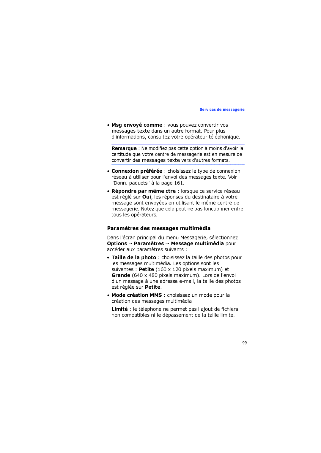Samsung SGH-I560ZKVSFR manual Paramètres des messages multimédia 