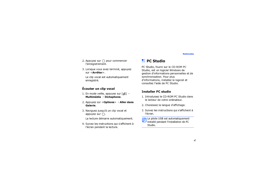 Samsung SGH-I560ZKVSFR manual PC Studio, Écouter un clip vocal, Installer PC studio 