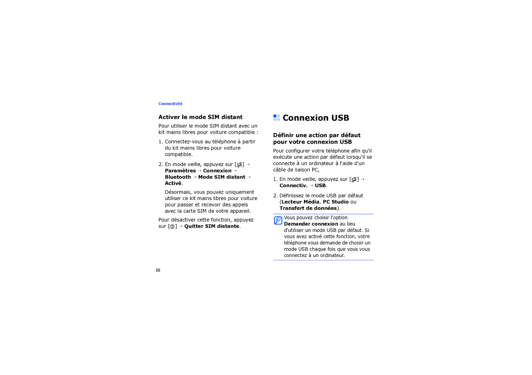 Samsung SGH-I560ZKVSFR manual Activer le mode SIM distant, Définir une action par défaut pour votre connexion USB 
