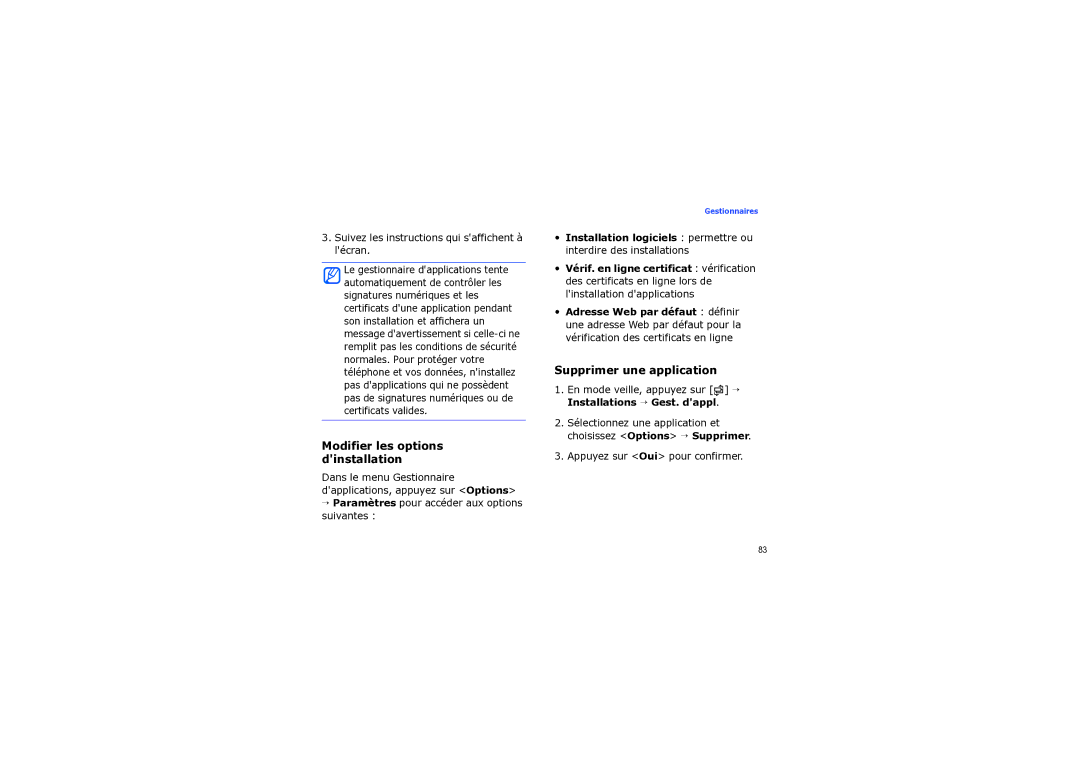 Samsung SGH-I560ZKVSFR manual Modifier les options dinstallation, Supprimer une application, Appuyez sur Oui pour confirmer 