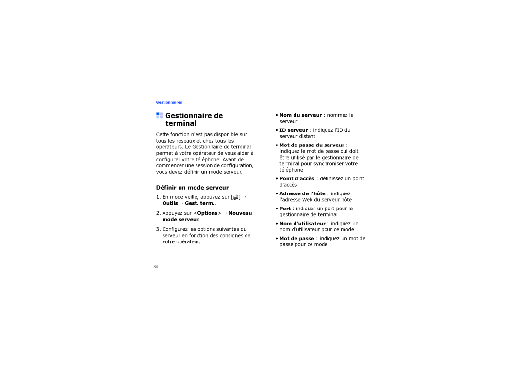 Samsung SGH-I560ZKVSFR manual Gestionnaire de terminal, Définir un mode serveur, Nom du serveur nommez le serveur 