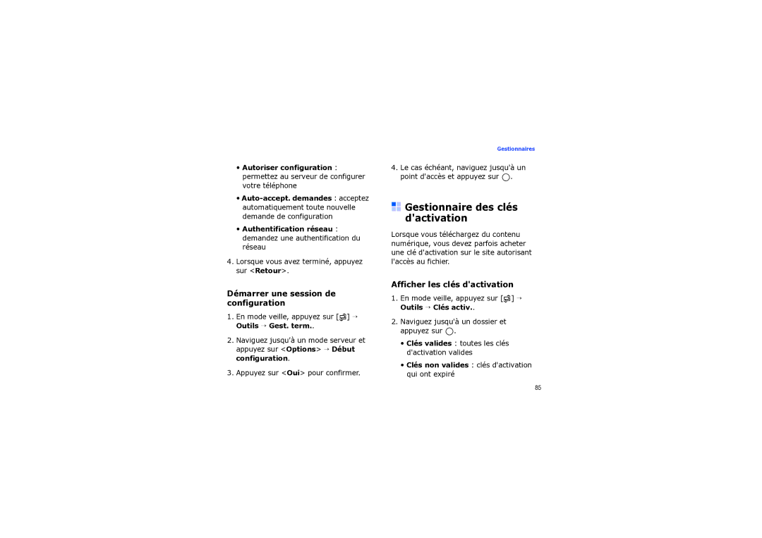 Samsung SGH-I560ZKVSFR manual Gestionnaire des clés dactivation, Démarrer une session de configuration 