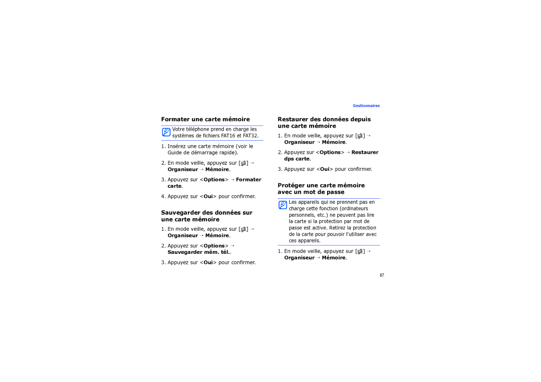 Samsung SGH-I560ZKVSFR manual Formater une carte mémoire, Sauvegarder des données sur une carte mémoire 