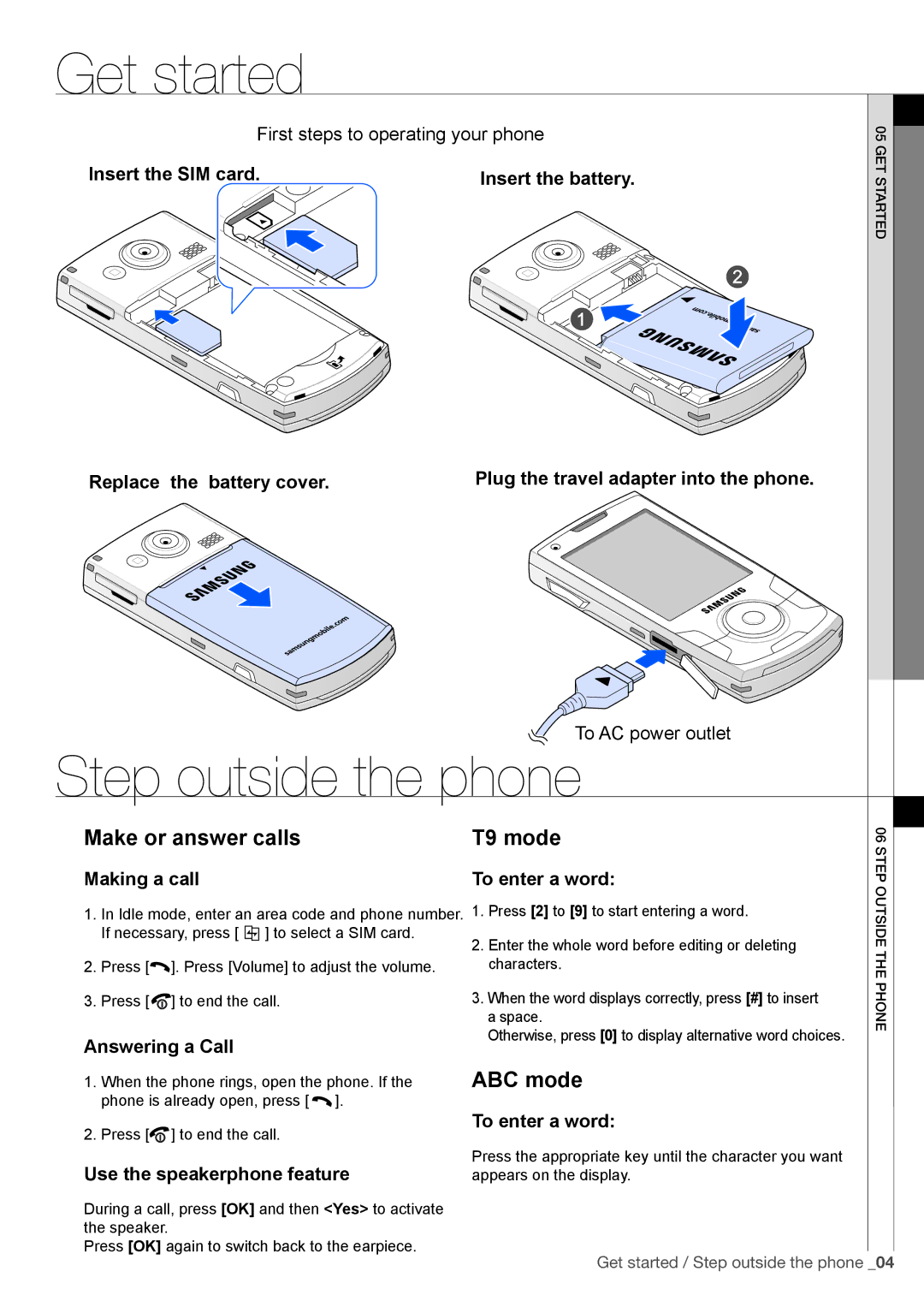 Samsung SGH-I560ZKVATL, SGH-I560ZKVVD2 Get started, Insert the SIM card Insert the battery, Making a call To enter a word 