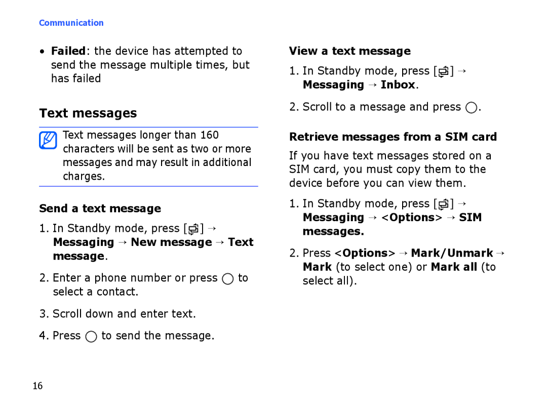 Samsung SGH-I560ZKVOMN manual Text messages, Send a text message, View a text message, Retrieve messages from a SIM card 