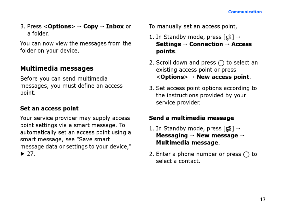 Samsung SGH-I560ZKVVOD, SGH-I560ZKVVD2 Multimedia messages, Press Options → Copy → Inbox or a folder, Set an access point 