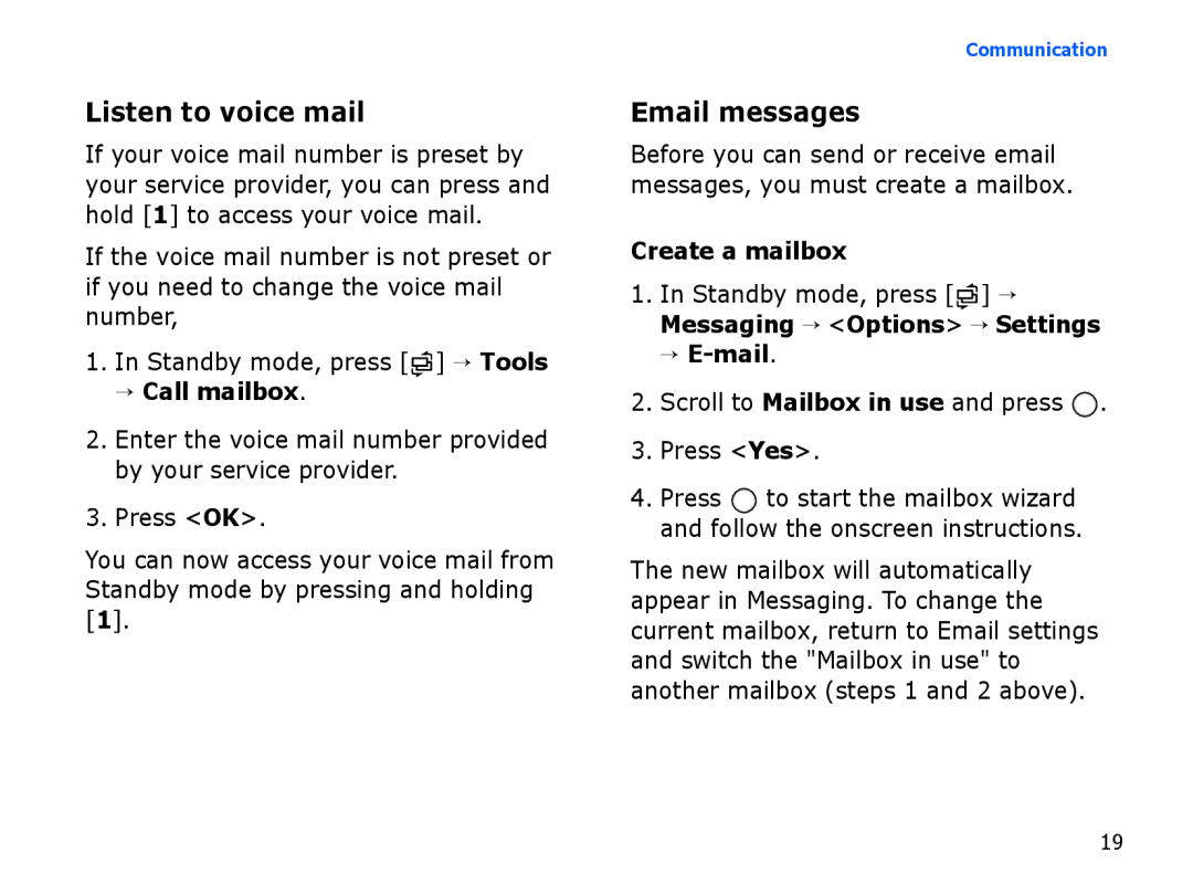 Samsung SGH-I560ZSVATL, SGH-I560ZKVVD2 manual Listen to voice mail, Email messages, → Call mailbox, Create a mailbox 