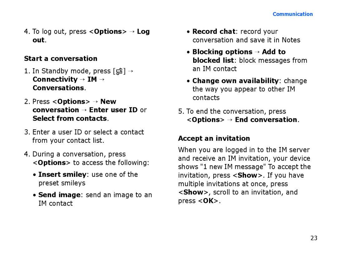 Samsung SGH-I560ZKVSFR, SGH-I560ZKVVD2, SGH-I560ZKVOMN Start a conversation, Insert smiley use one of the preset smileys 