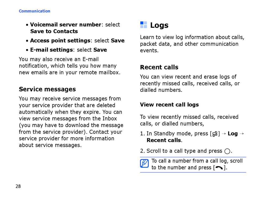 Samsung SGH-I560ZKVATL, SGH-I560ZKVVD2, SGH-I560ZKVSFR manual Logs, Service messages, Recent calls, View recent call logs 