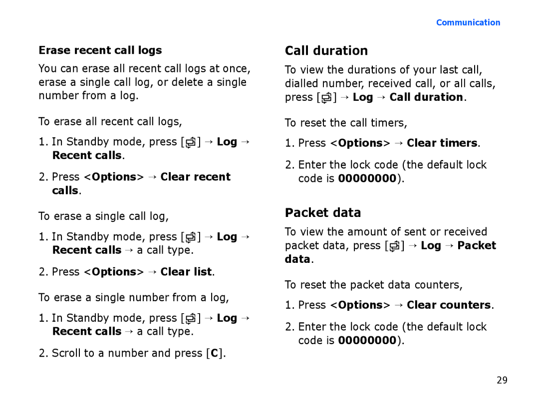 Samsung SGH-I560ZKVVGR, SGH-I560ZKVVD2, SGH-I560ZKVSFR, SGH-I560ZKVOMN, SGH-I560ZKVVOD manual Call duration, Packet data 