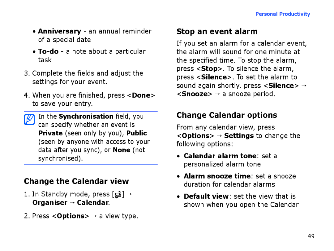 Samsung SGH-I560ZKVVOD, SGH-I560ZKVVD2 manual Change the Calendar view, Stop an event alarm, Change Calendar options 