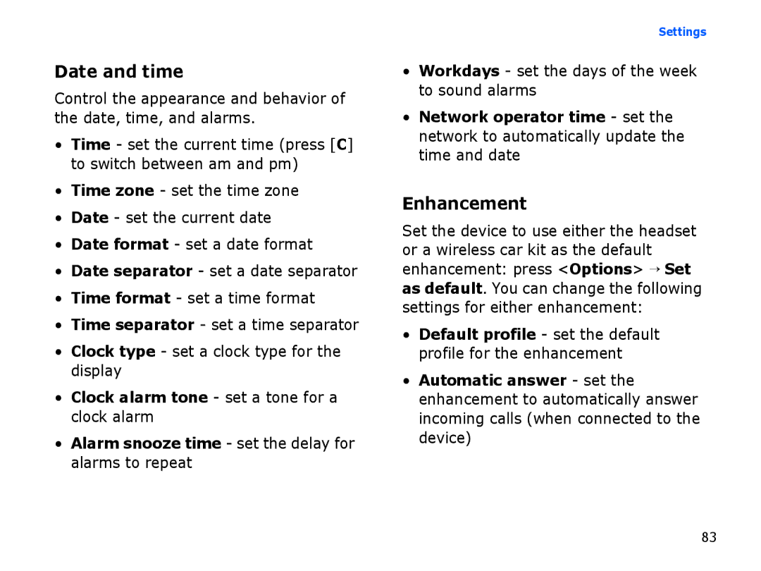 Samsung SGH-I560ZSVATL, SGH-I560ZKVVD2 manual Date and time, Enhancement, Workdays set the days of the week to sound alarms 