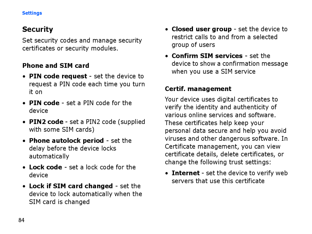 Samsung SGH-I560ZKVATL, SGH-I560ZKVVD2 manual Security, Lock code set a lock code for the device, Certif. management 