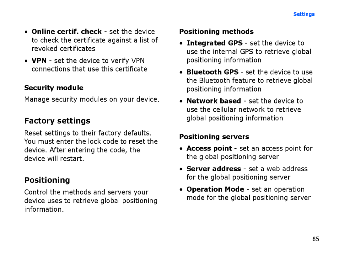 Samsung SGH-I560ZKVVGR, SGH-I560ZKVVD2 Factory settings, Security module, Positioning methods, Positioning servers 