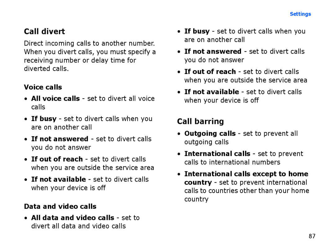 Samsung SGH-I560ZKVSFR manual Call divert, Call barring, Voice calls, If not answered set to divert calls you do not answer 