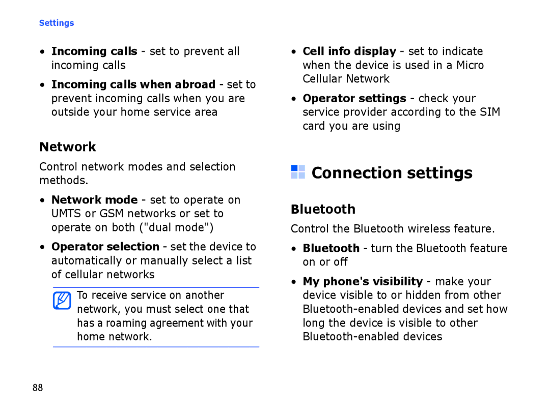 Samsung SGH-I560ZKVOMN manual Connection settings, Network, Bluetooth, Incoming calls set to prevent all incoming calls 