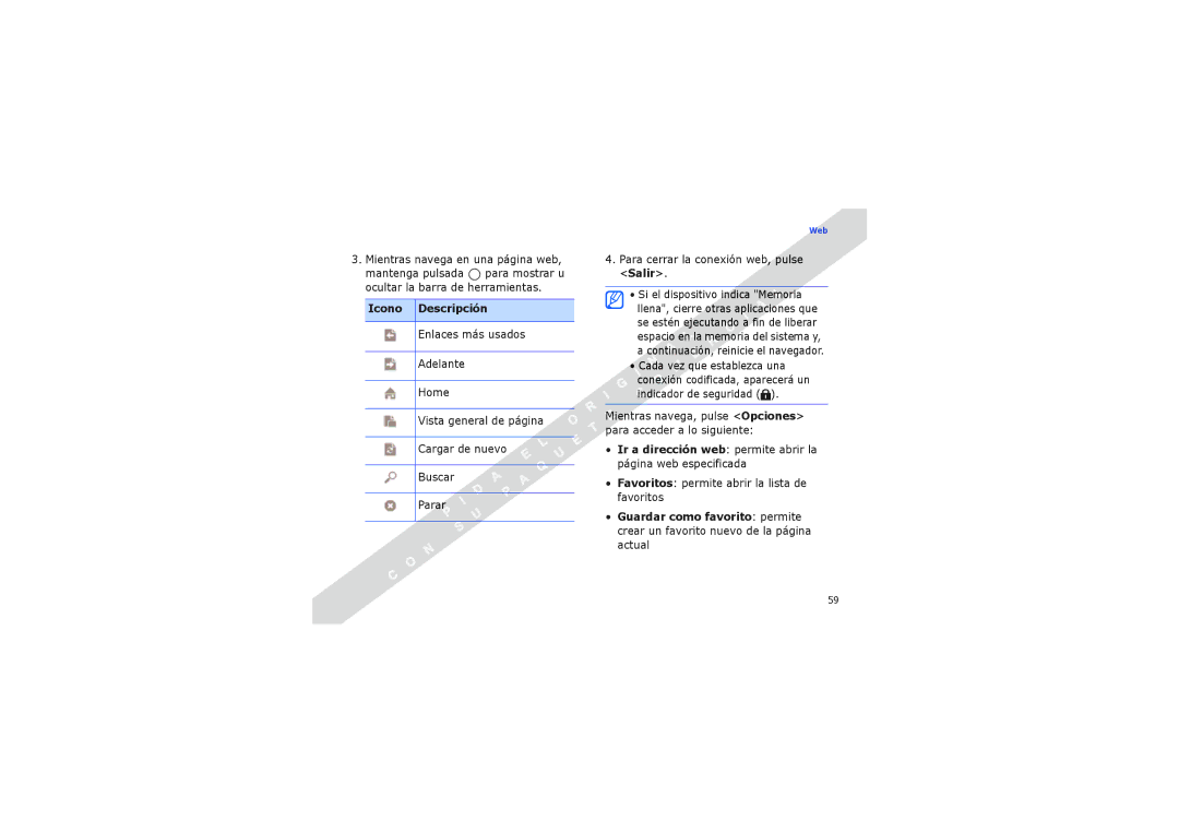 Samsung SGH-I560ZKVATL, SGH-I560ZSVATL manual Para cerrar la conexión web, pulse Salir 