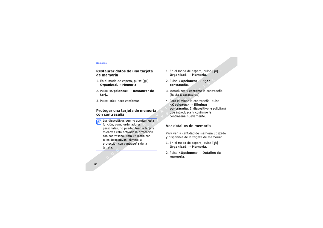 Samsung SGH-I560ZSVATL manual Restaurar datos de una tarjeta de memoria, Proteger una tarjeta de memoria con contraseña 