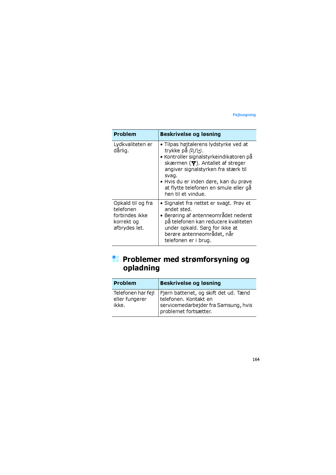 Samsung SGH-I600LKAXEE manual Problemer med strømforsyning og opladning, Telefonen Andet sted Forbindes ikke, Korrekt og 