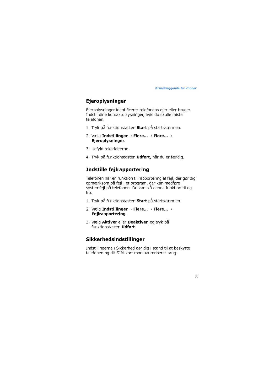 Samsung SGH-I600LKAXEE, SGH-I600LKUXEE manual Ejeroplysninger, Indstille fejlrapportering, Sikkerhedsindstillinger 