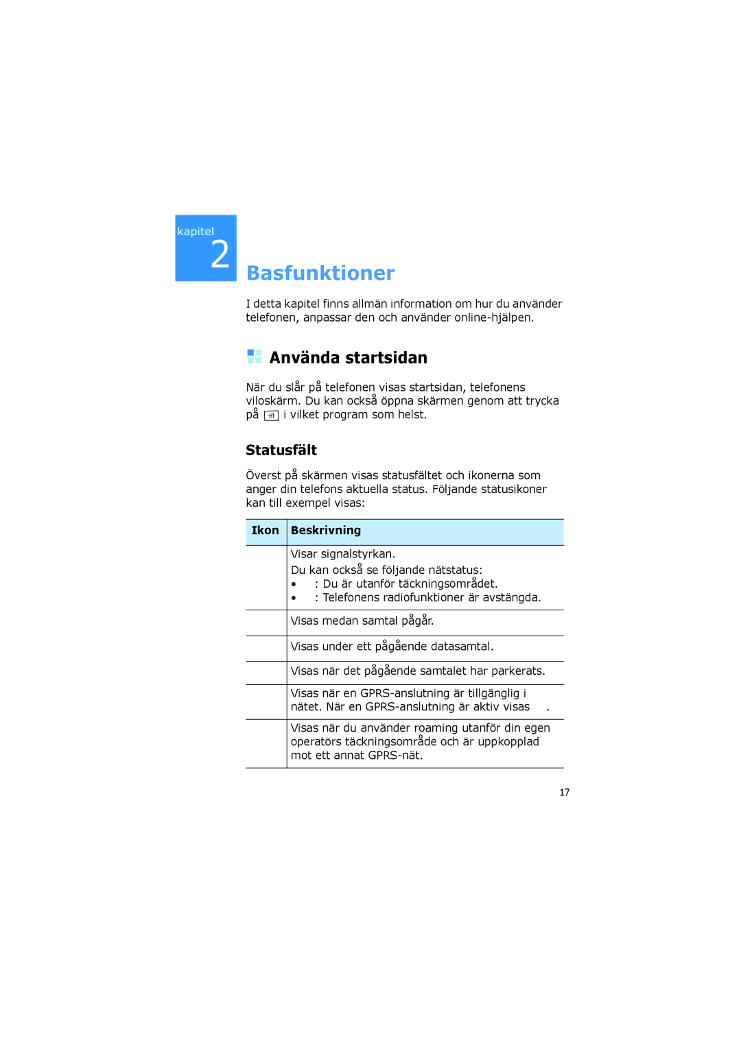 Samsung SGH-I600LKUXEE, SGH-I600LKAXEE manual Använda startsidan, Statusfält, Ikon Beskrivning 