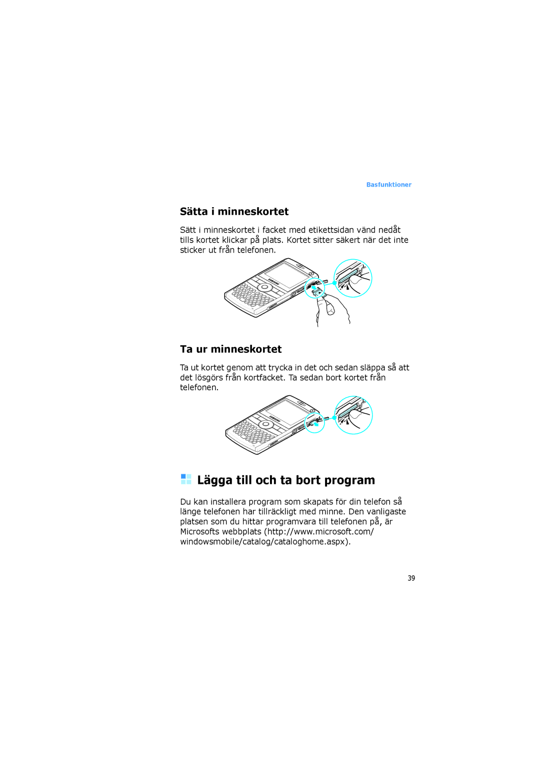 Samsung SGH-I600LKUXEE, SGH-I600LKAXEE manual Lägga till och ta bort program, Sätta i minneskortet, Ta ur minneskortet 