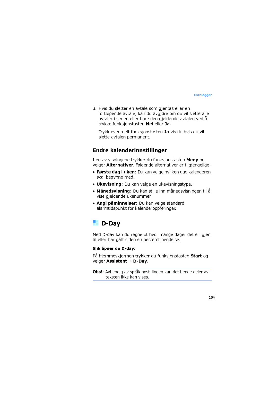 Samsung SGH-I600LKAXEE, SGH-I600LKUXEE manual Day, Endre kalenderinnstillinger 