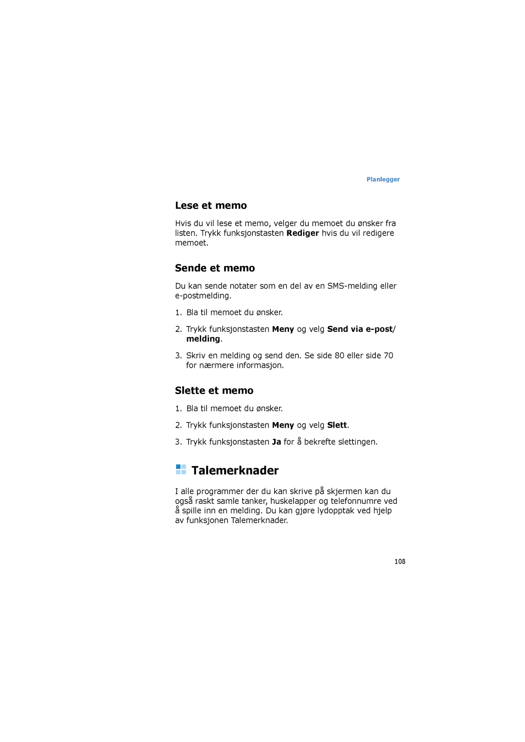 Samsung SGH-I600LKAXEE, SGH-I600LKUXEE manual Talemerknader, Lese et memo, Sende et memo, Slette et memo 
