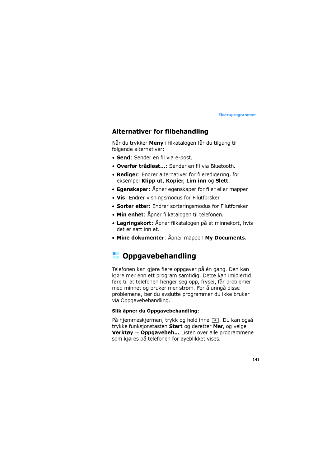 Samsung SGH-I600LKUXEE manual Oppgavebehandling, Alternativer for filbehandling, Mine dokumenter Åpner mappen My Documents 