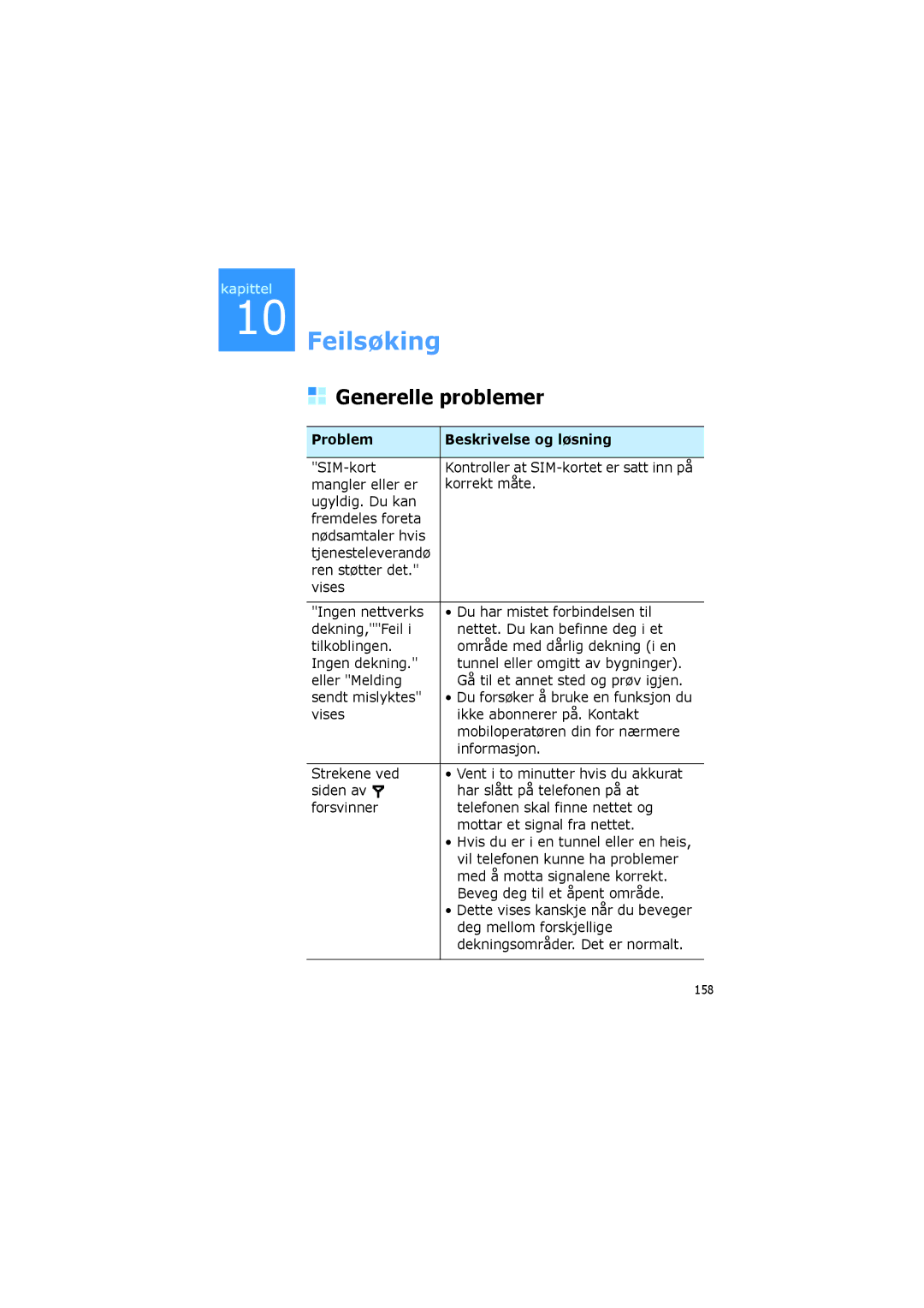 Samsung SGH-I600LKAXEE, SGH-I600LKUXEE manual Generelle problemer, Problem Beskrivelse og løsning 