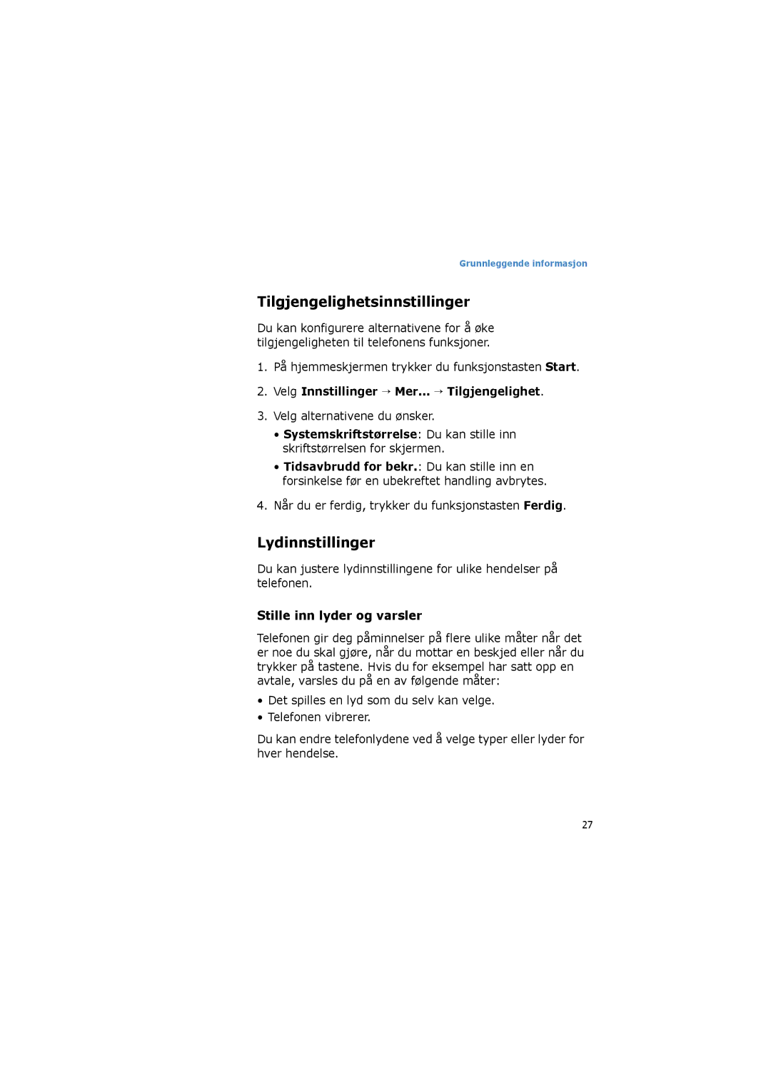 Samsung SGH-I600LKUXEE, SGH-I600LKAXEE manual Tilgjengelighetsinnstillinger, Lydinnstillinger, Stille inn lyder og varsler 