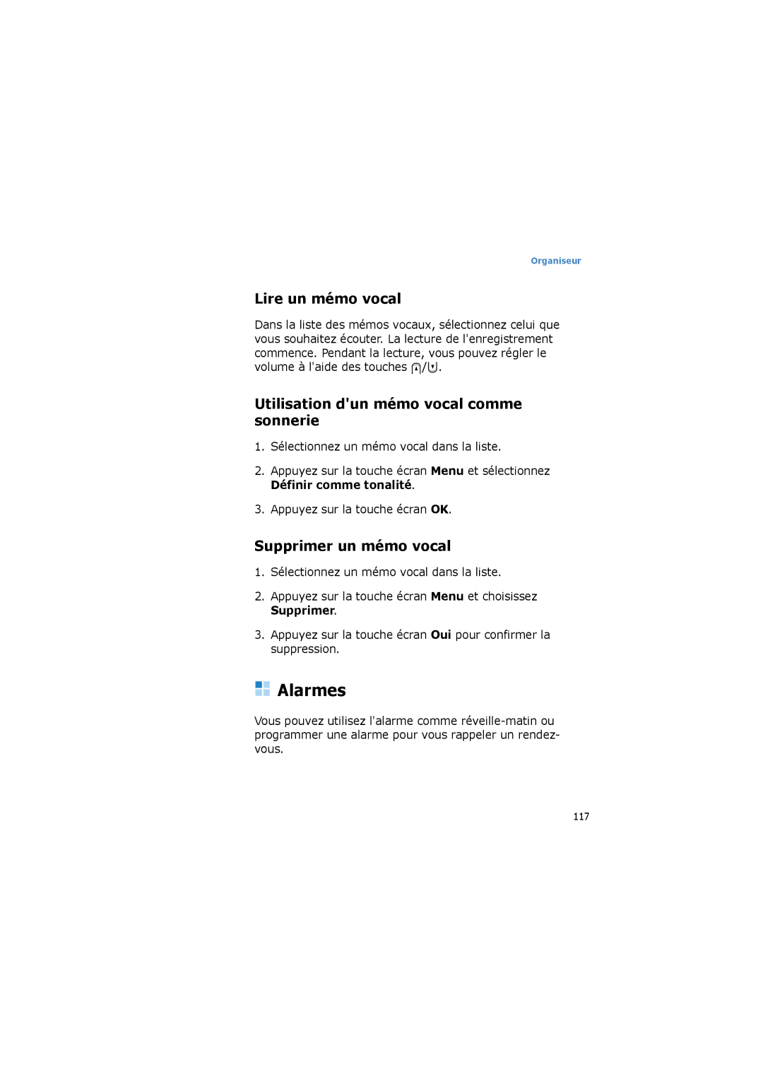 Samsung SGH-I600LSAXEF Alarmes, Lire un mémo vocal, Utilisation dun mémo vocal comme sonnerie, Supprimer un mémo vocal 
