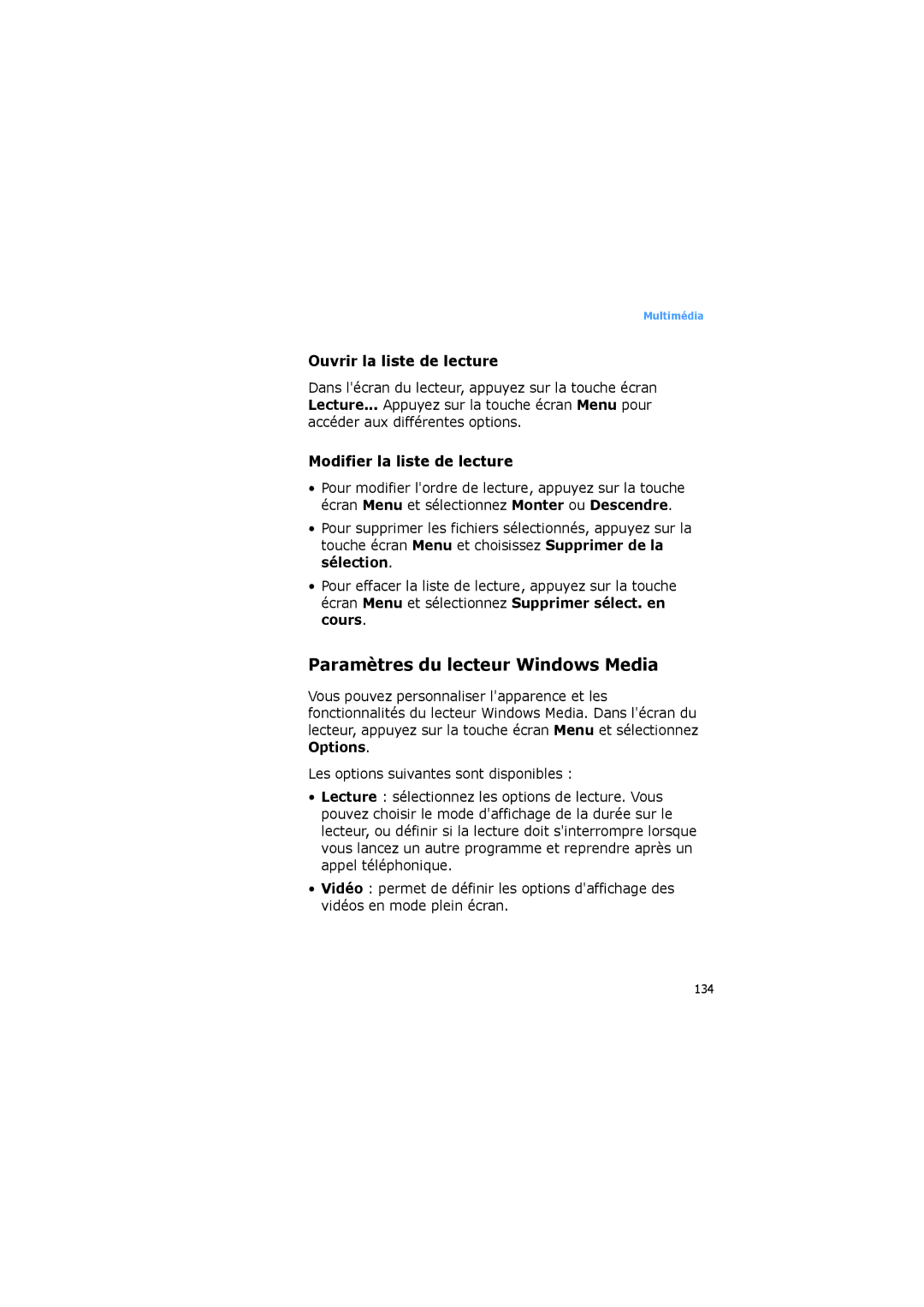 Samsung SGH-I600LKAXEF manual Paramètres du lecteur Windows Media, Ouvrir la liste de lecture, Modifier la liste de lecture 