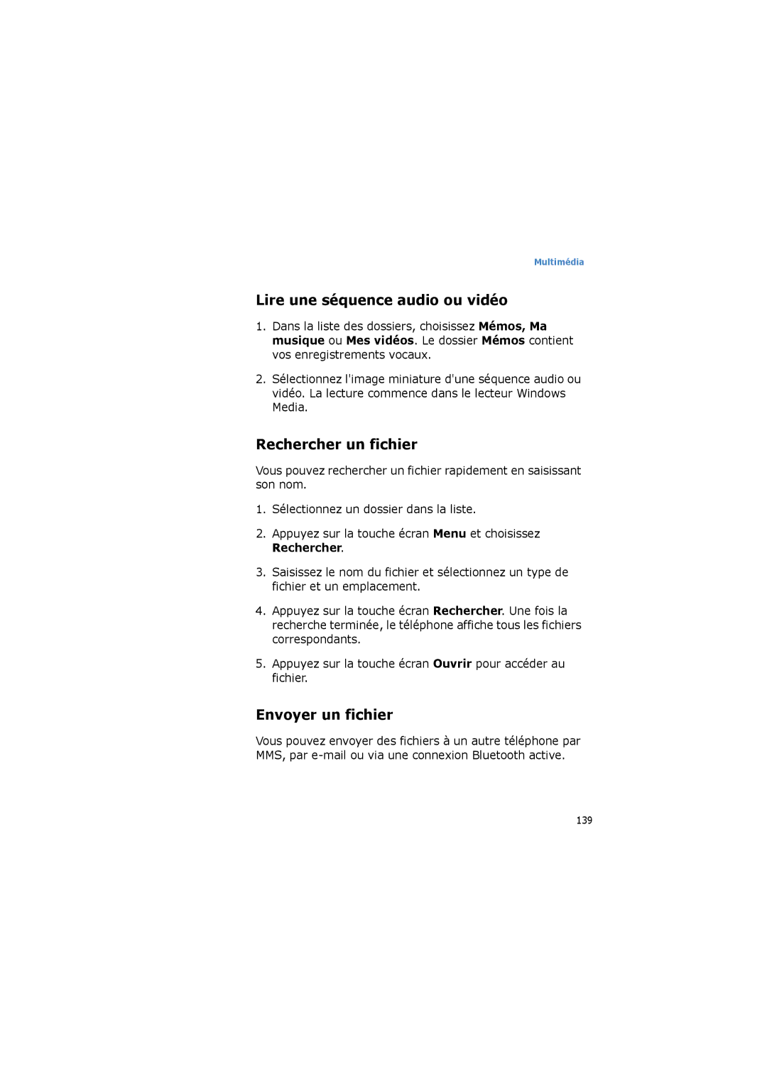 Samsung SGH-I600LKVSFR, SGH-I600LKPXEF manual Lire une séquence audio ou vidéo, Rechercher un fichier, Envoyer un fichier 