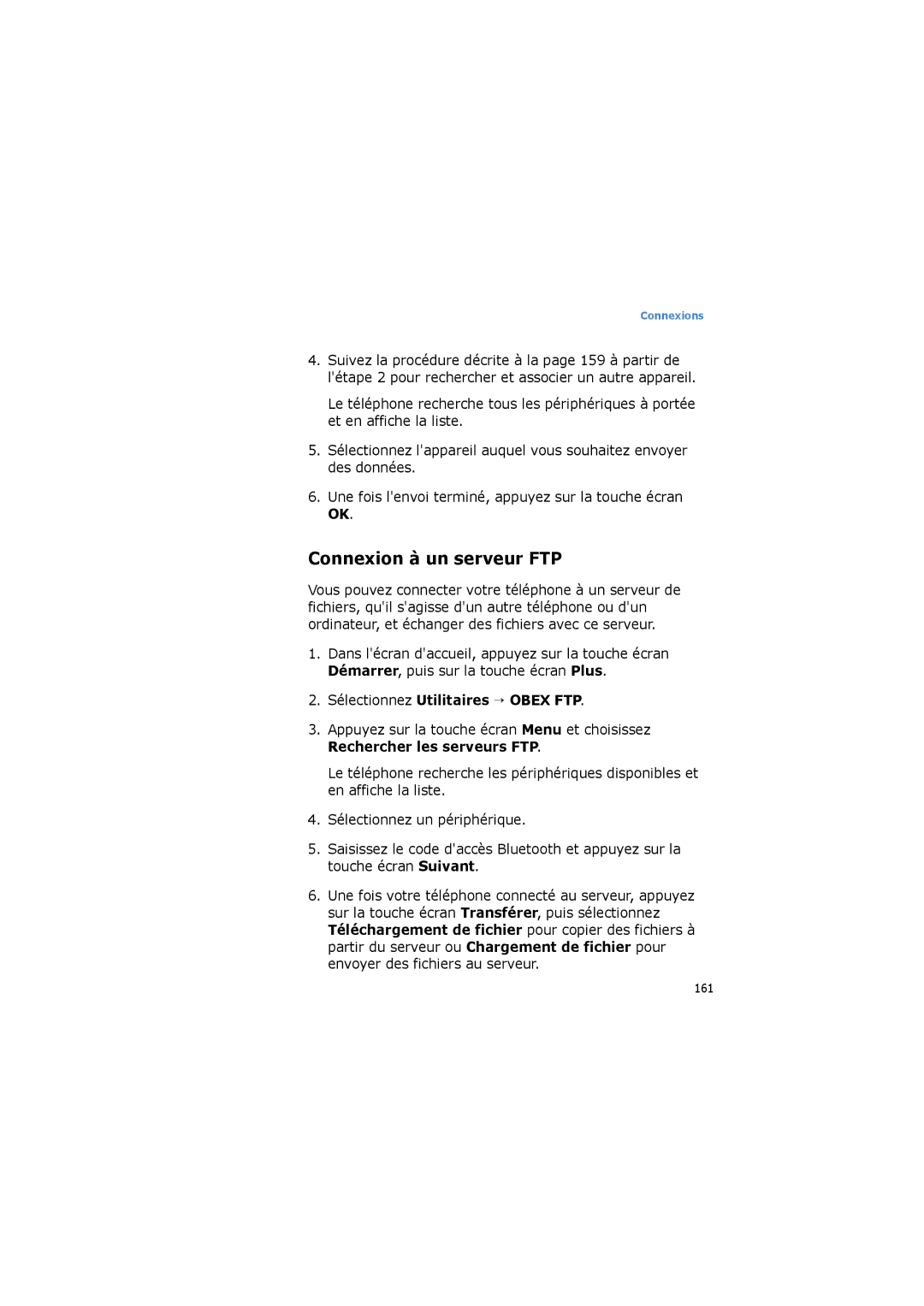 Samsung SGH-I600LKAFTM, SGH-I600LKPXEF, SGH-I600MAAFTM manual Connexion à un serveur FTP, Sélectionnez Utilitaires → Obex FTP 