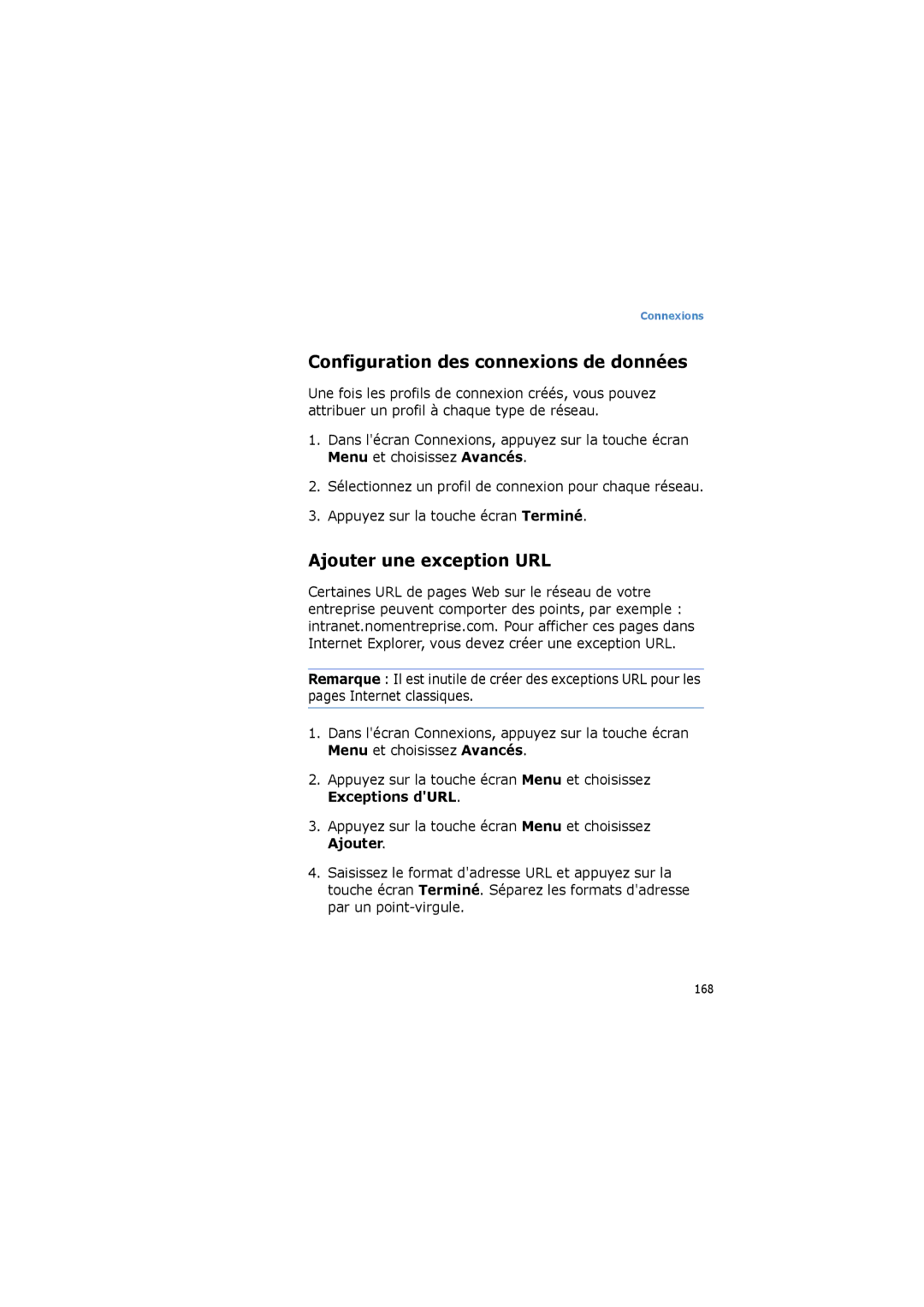 Samsung SGH-I600LKPXEF, SGH-I600LKAFTM, SGH-I600MAAFTM Configuration des connexions de données, Ajouter une exception URL 