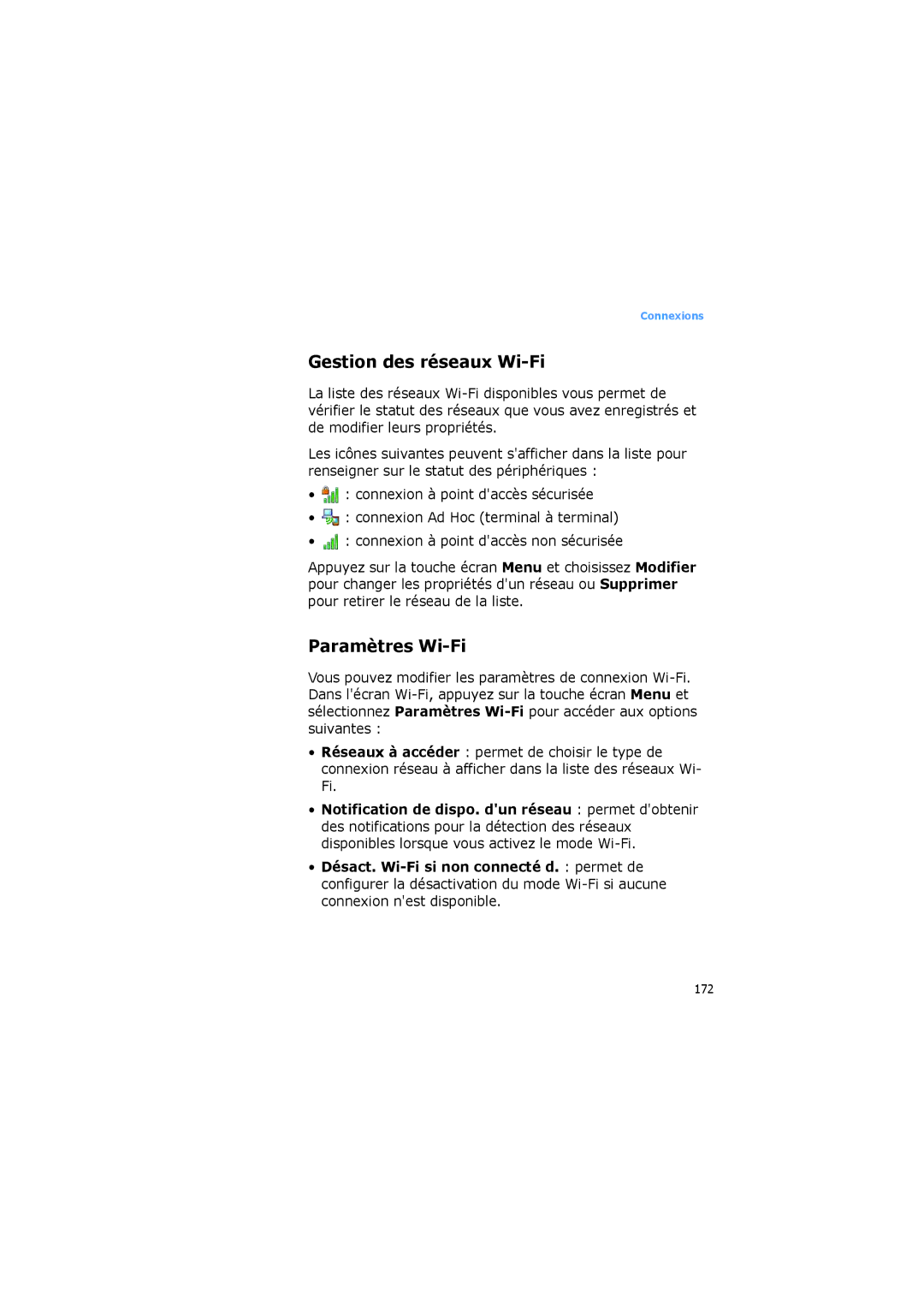 Samsung SGH-I600LKPXEU, SGH-I600LKPXEF, SGH-I600LKAFTM, SGH-I600MAAFTM manual Gestion des réseaux Wi-Fi, Paramètres Wi-Fi 